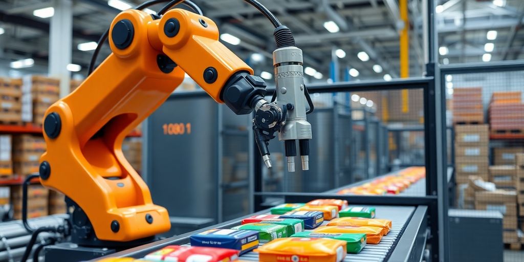 Robotic arm sorting packages on a conveyor belt.