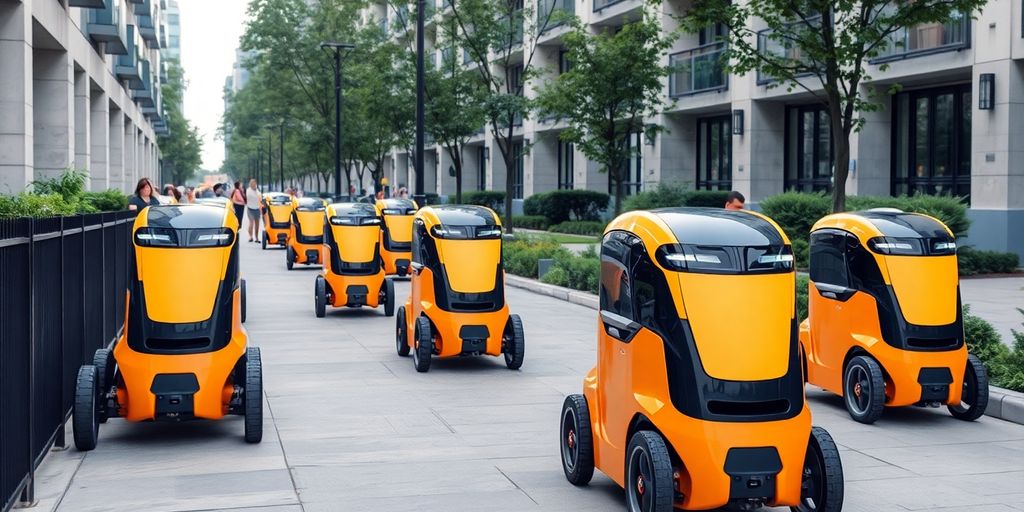 Autonomous delivery robots in an urban setting.