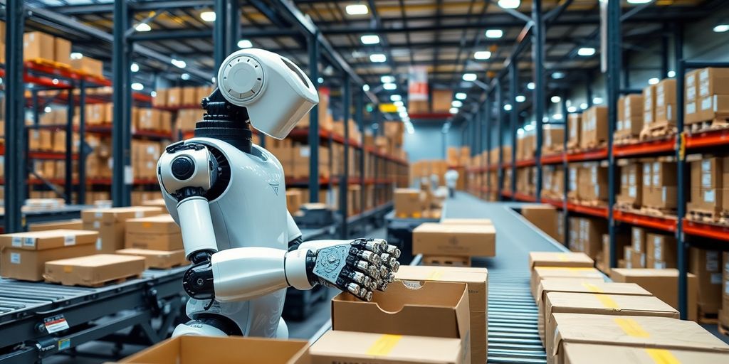Automated packaging robot in a logistics warehouse.