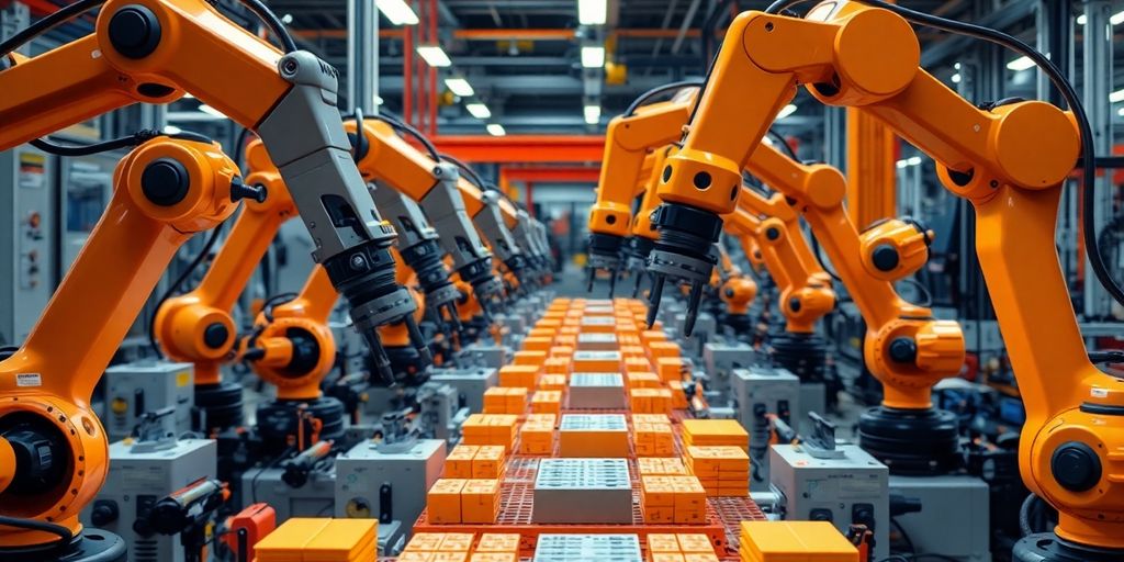Advanced robotic arms in a modern manufacturing setting.