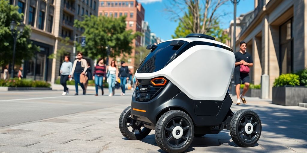 Delivery robot on a city sidewalk among pedestrians.